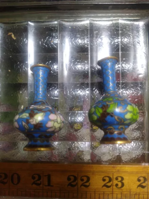 Outstanding pair of cloisonne miniature "doll house" antique vases 2  1/2" 2