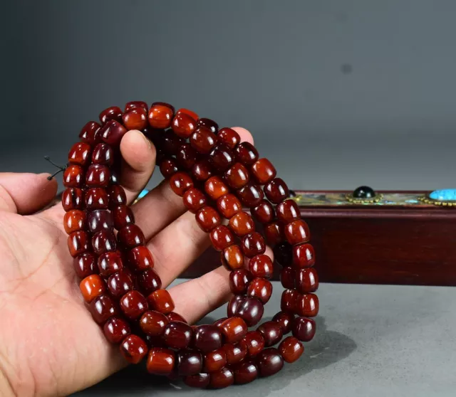 tibet ox horn carved 108 Buddha pray bead necklace + inlay shell rosewood box