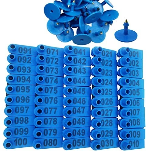 100PCS 001-100 Number Plastic Livestock Ear Tags Farm Animal Tags ID - Blue
