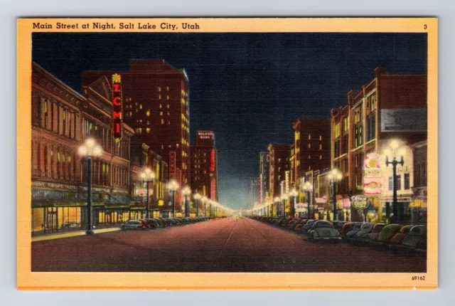 Salt Lake City UT-Utah, Main Street At Night, Antique, Vintage Postcard