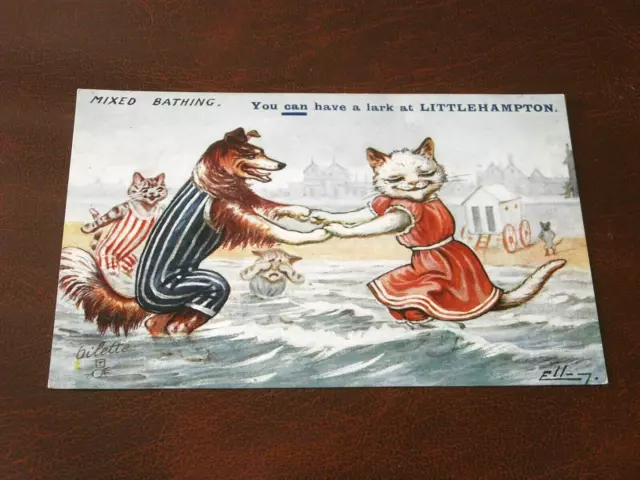 Original  Ellam Signed Anthropomorphic Tuck Cat & Dog Postcard - Littlehampton.