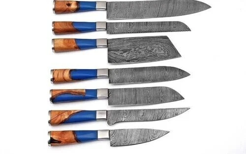 CUSTOM HAND FORGED DAMASCUS STEEL CHEF SET KITCHEN KNIFE WITH Resin wood HANDLE