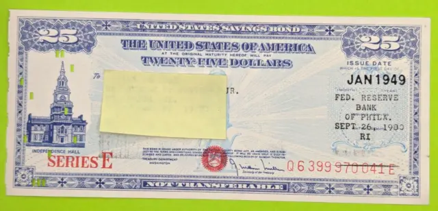 Jan 1949- $25 US Savings Bond Series E Independence Hall Philadelphia Punch Card