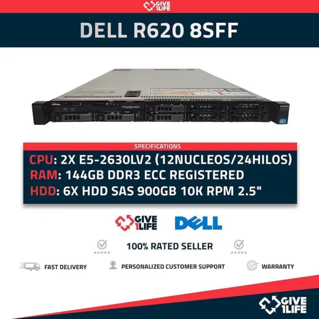 Serveur Rack DELL R620 8SFF 2x E5-2630Lv2 + 144Go RAM + H710 + 6x900Go NNM49