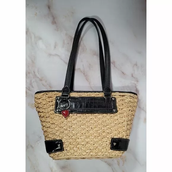 Brighton Summer Woven Straw Leather Heart Purse Handbag w/ Floral & Butterfly