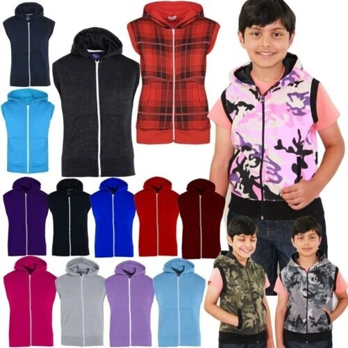Bambine Ragazzi Tinta Unita Gilet Cappuccio Pile Zip Maniche Giacca 7-13 Anni