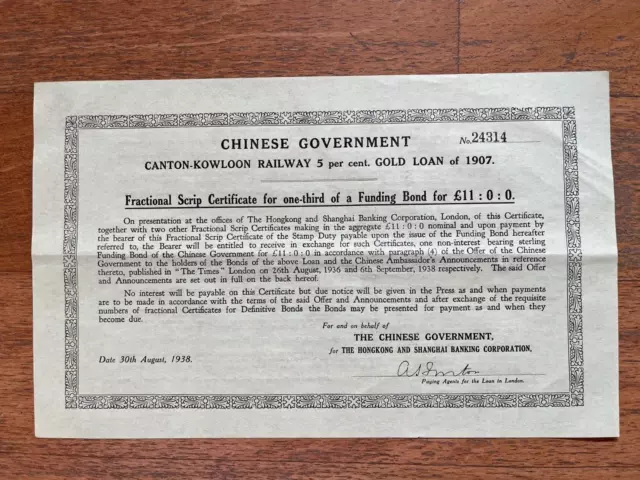 👍China Government 1907 Canton Kowloon Railway Scrip Certificate Gold Bond