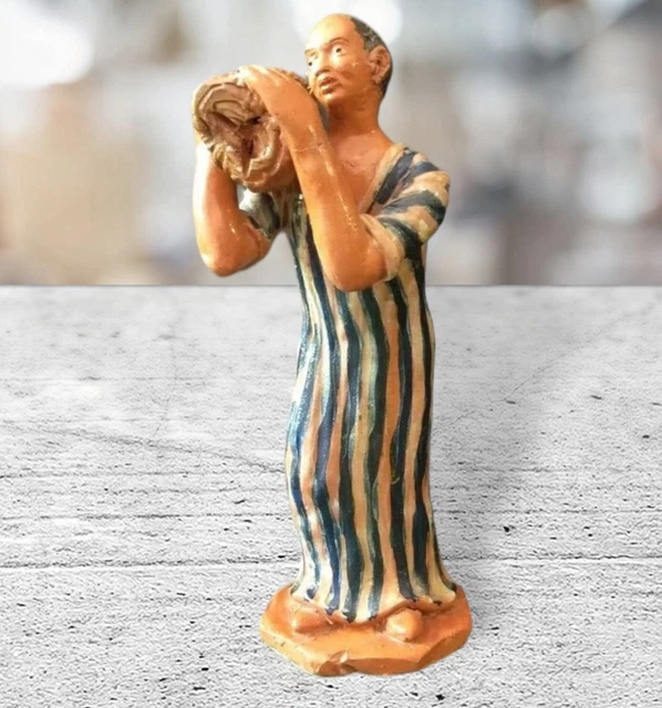 Man Carrying Wood Log Handmade Clay Figurine vintage