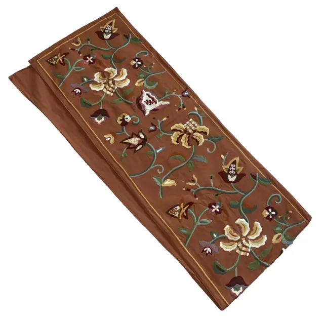 Williams Sonoma Table Runner Brown Jacobean Crewel Embroidery Cotton 16x90