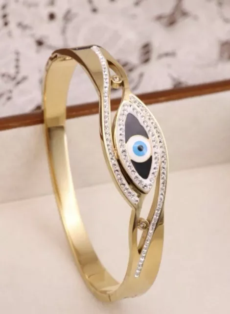 Evil EyeGold Plate Rhinestone Crystal Bracelet Blue Greek Turkish Bangle Protect