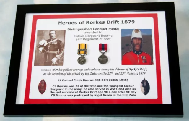 A4 Framed medal display COLOUR SERGEANT BOURNE hero Rorke's Drift War + Zulu DVD