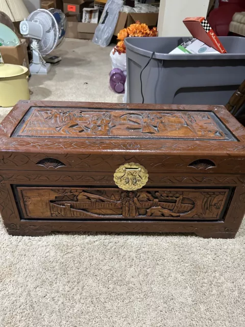 Vintage Chinese Lacquered Camphor Hand Carved Chest Trunk Relief Figures Brass