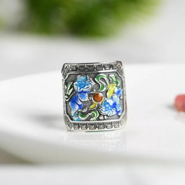 Chinese Pure Silver S925 Exquisite Ethnic Style Cloisonné Foo Fu Dog Lion Ring