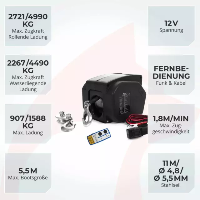 ROTFUCHS 12V Elektrische Seilwinde 4990KG / 2721KG Funk Winde Seilzug Bootswinde 2