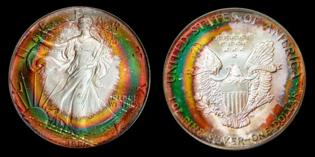 1986-P Pcgs Ms68 Silver Eagle $ Monster! Vibrant Superb Double Side Rainbow