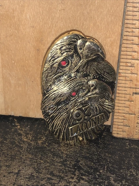 1993 LACONIA N.H. NEW HAMPSHIRE -BIKER PIN- Brass Eagles,red Eyes!