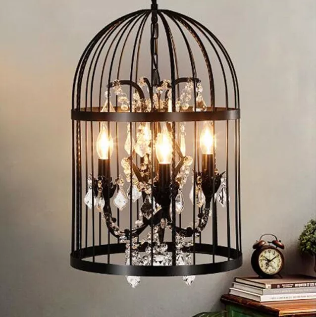 Vintage 4-Lights Wrought Iron Bird Cage Chandelier Crystal Hanging Pendant Lamps