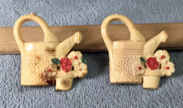 Vintage Plastic Drapery Tie Back Push Pins, White Painted Flower Watering Can x2