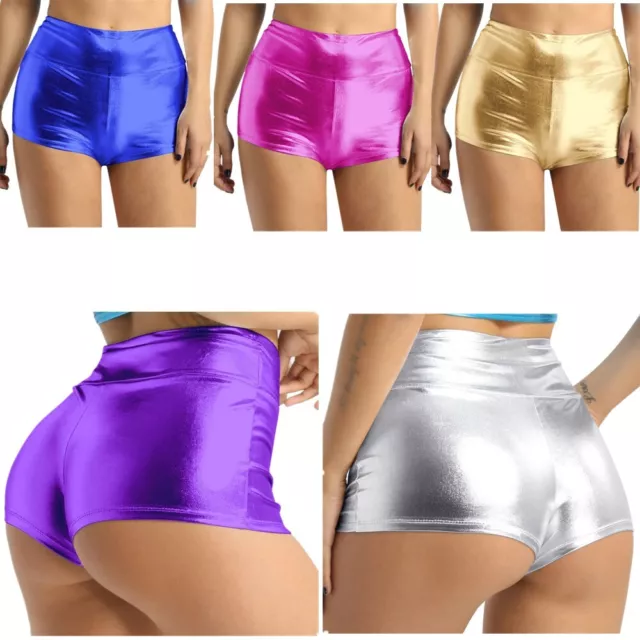 Women Shiny Shorts Stretchy Metallic High Waist Dance Shorts Hot Pants Bottoms