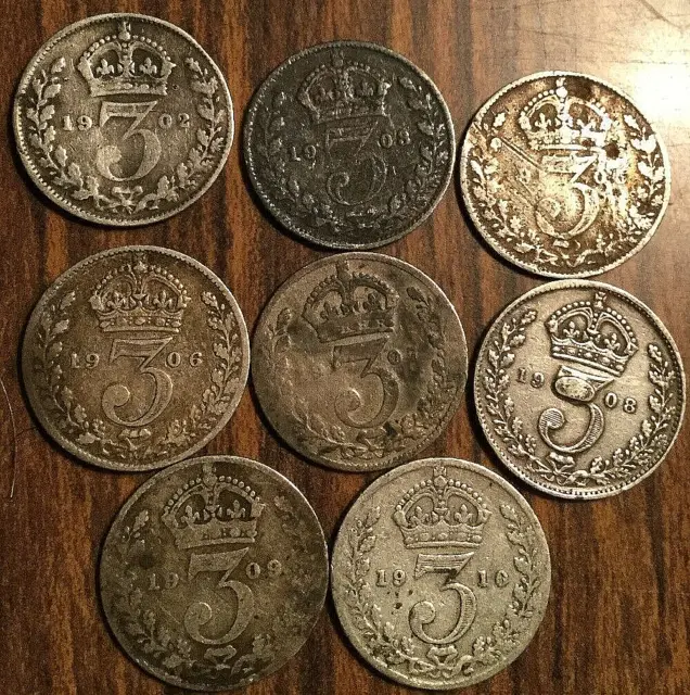 Almost Complete Set Of 1902 To 1910 Uk Great Britain Silver Threepence 8 Coins