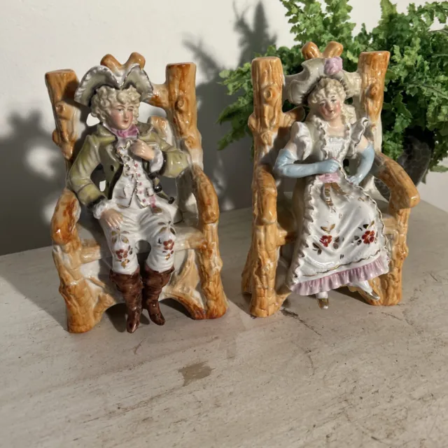 German Porcelain Glazed Figurines Nobles Gent And Lady Sat On Chairs 19th C
