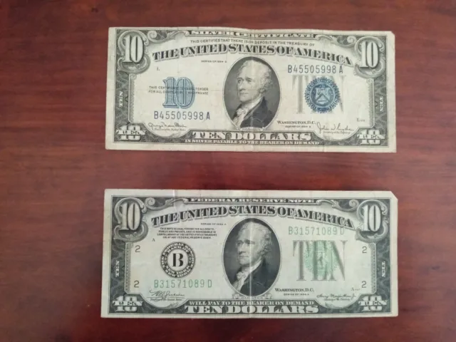 Silver Certificate Lot of 2 $10.00 Series 1934 D, G