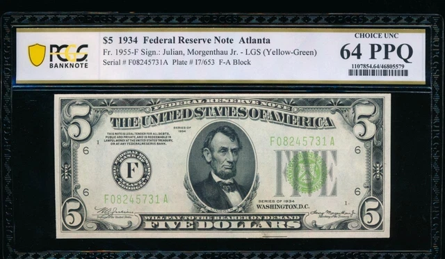 AC 1934 $5 Atlanta FRN PCGS 64 PPQ LGS Light Green Seal Fr 1955-F uncirculated