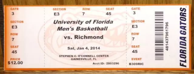 Florida Gators Men's Basketball vs. Richmond Spiders 1-4-2014 Used Ticket Stub
