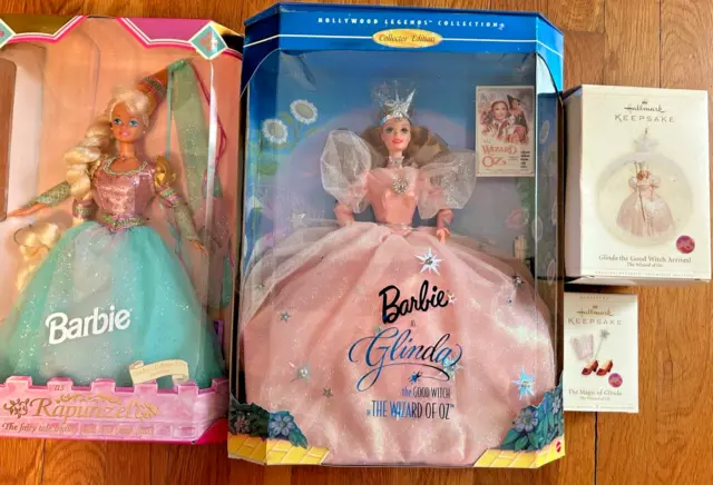 Hallmark Ornament & Barbie LOT Glinda the Good Witch Arrive 14901 Rapunzel 13016