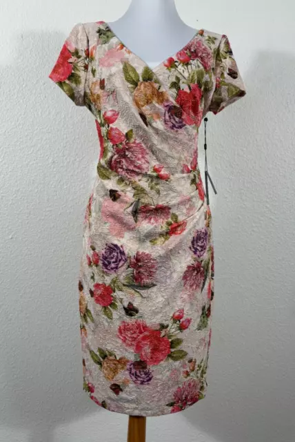 Adrianna Papell Dress Womens 8 Floral Metallic Faux Wrap Ruched Multicolor NWT