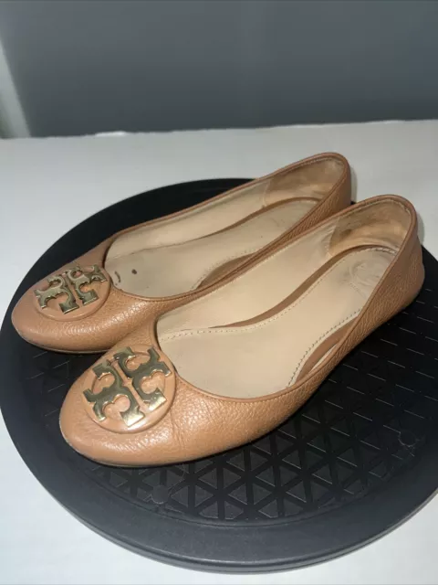 Tory Burch Ballet Flats Womens Size 6 Reva Royal Tan Gold Emblem Logo-Pre Owned