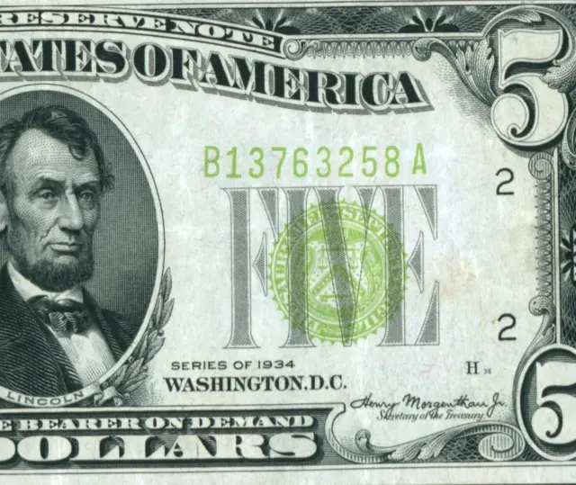 $5 1934 LGS LIME ((LIGHT GREEN SEAL)) Federal Reserve Note DAILY CURRENCY