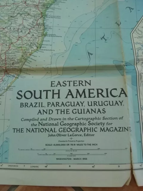 Vintage Original 1955 Map South America Brazil National Geographic