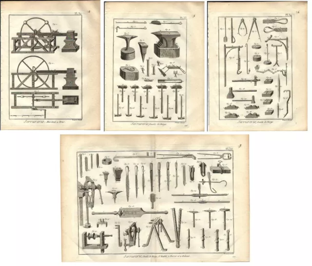 Stampa antica FABBRO UTENSILI 4 TAV. Encyclopedie Diderot 1785 Antique print