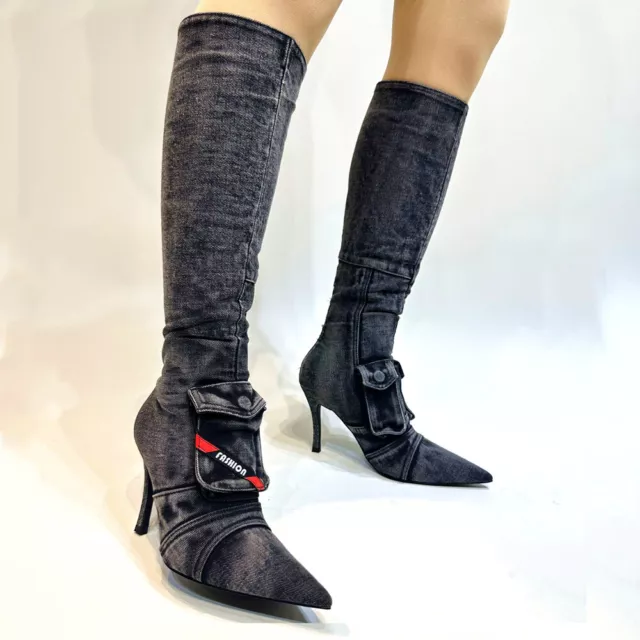 WOMENS FASHION POINTED Toe High Heels Retro Back Zipper Casual Knee ...