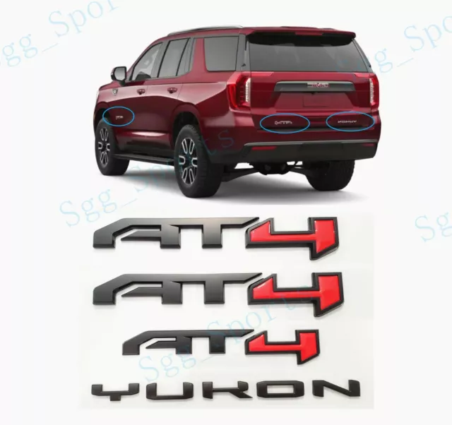 4PCS GMC 2021-2023 Yukon Yukon XL Door & Rear Matte Black Red AT4 YUKON Emblems