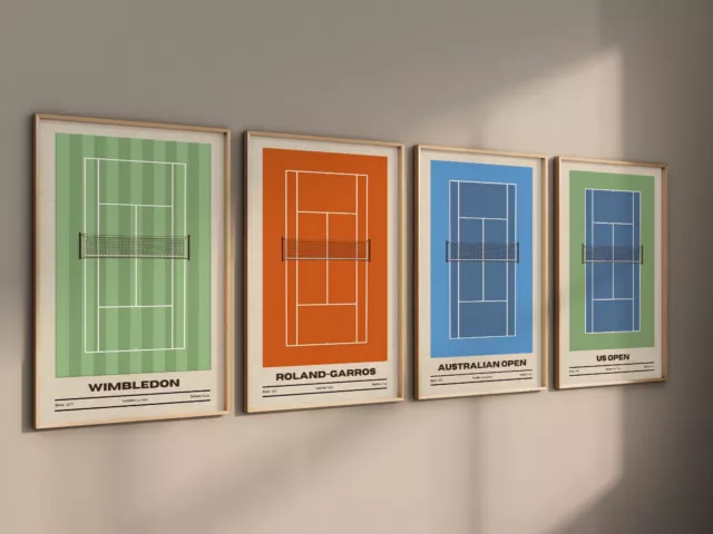 Juego de 4 carteles de tenis enmarcados arte de pared, estampados de cancha de tenis arte Wimbledon 2023