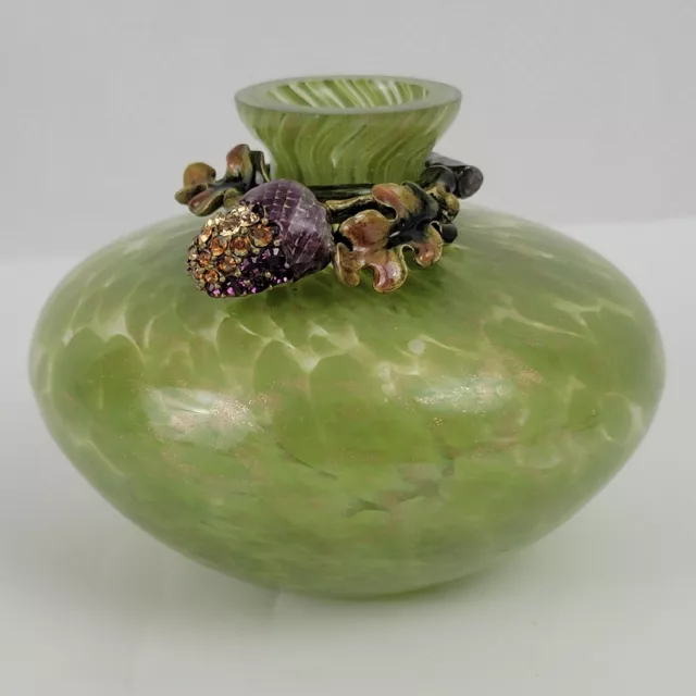 Jay Strongwater Swarovski Enamel Acorn Bud Vase Hand Blown Glass Green & Gold