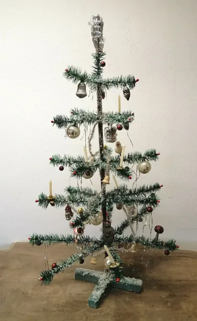 ❉Alte Weihnacht❉  GANSFEDER-BAUM GESCHMÜCKT  80 cm mit Glasschmuck,Kerzen,Tinsel