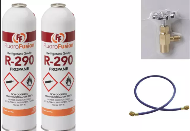 R–290 (2) Large 14 oz. Cans, FluoroFusion, Refrigerant Grade PV14 Taper & Hose