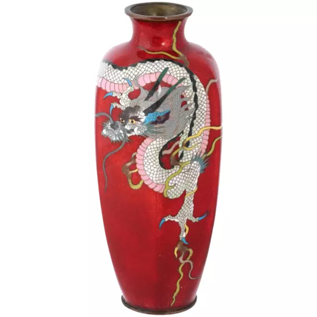 Rare Meiji Japanese Cloisonne Red Enamel Pink Dragon Vase