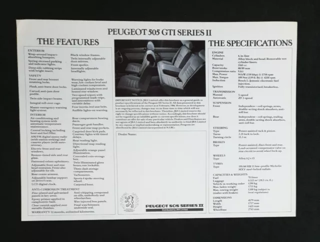 PEUGEOT 505 GTI SERIES II Car Advertising Brochure Specifications Sheet 2