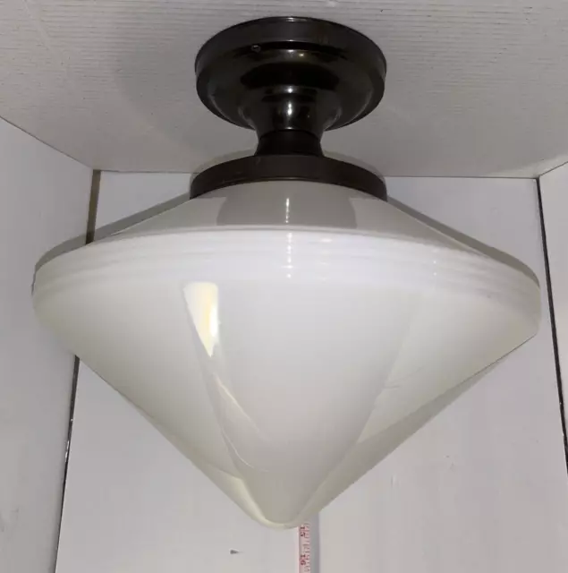 14" Schoolhouse Diamond Pointed Milk Glass Ceiling Light Shade Art Deco Retro