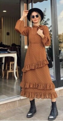 NWT Zara Polka Dot Ruffled Tobacco Long Dress Bloggers Fav XS