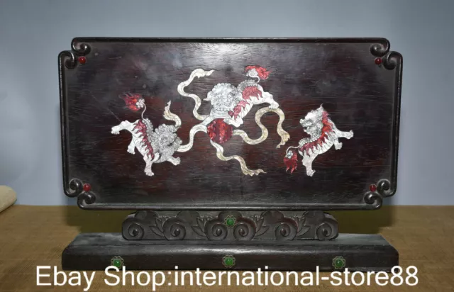 14.8" Old China Huanghuali Wood Shell Gems Carving 3 Lion Beast Ball Screen