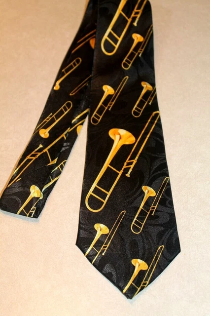 Big Brassy Trombone's On A Brand New Black 100% Polyester Neck Tie !#1 free ship Big Brassy Trombone's On A Brand New Black 100% Polyester Neck Tie !#1 free ship