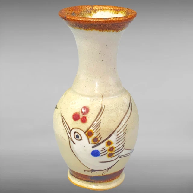 Vintage Ken Edwards Mexico Pottery Folk Art Pottery Bud Vase Bird Talavera 3.5”T