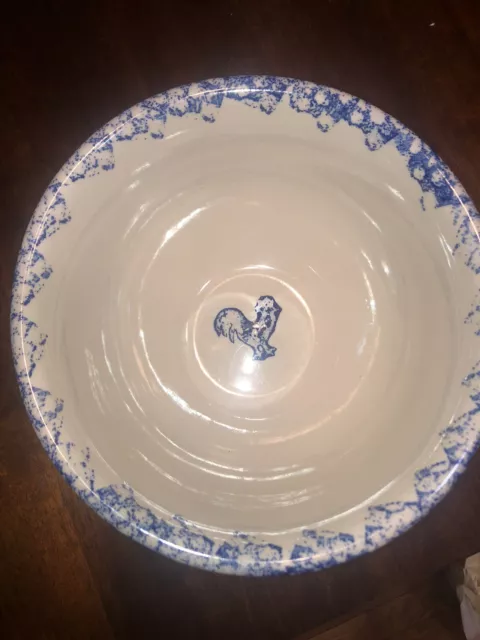 VINTAGE Folk Craft Blue Rooster Sponge Art Tienshan Medum Mixing Bowl  8 1/2”