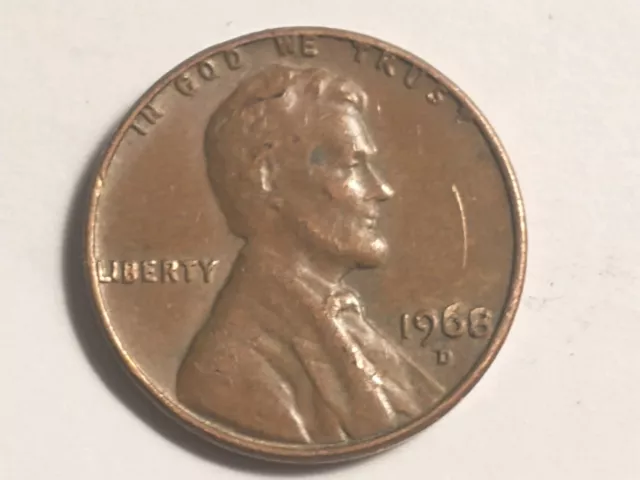 1968 D Lincoln Penny with Error on Top Rim L in Liberty, IN GOD WE TRUST