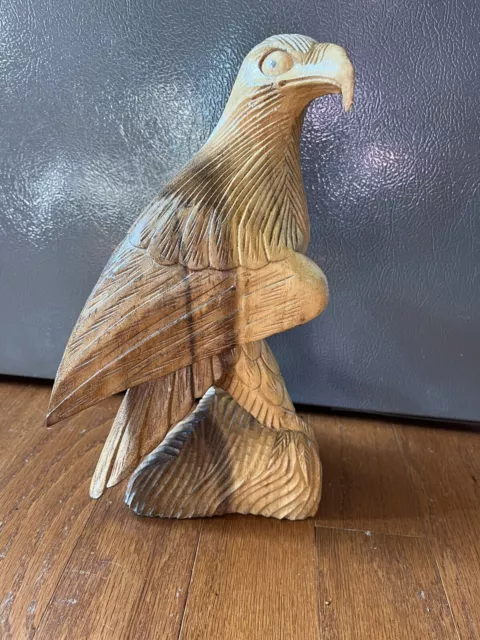 11-1/2” Wooden Hand Carved American Eagle Statue Figurine Rustic Decor